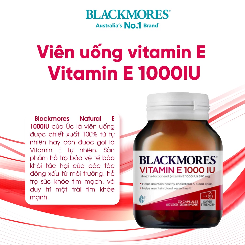 Vitamin E tự nhiên 1000IU Blackmores, viên uống bổ sung vitamin E giúp dẹp da, đẹp tóc 30 viên Úc