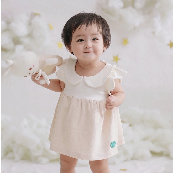 Quần áo trẻ em Bobicraft - Áo đầm cổ lá sen, tay cánh hoa bé gái - Cotton hữu cơ organic an toàn