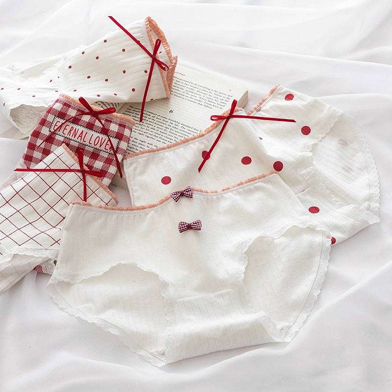 Quần Lót Cotton Tăm Viền Ren Phối Nơ Tông Trắng Đỏ