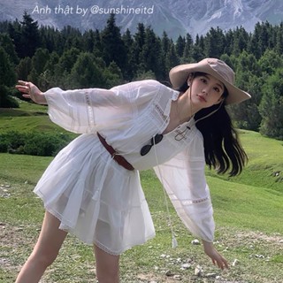 ( Có Ảnh Thật + Kèm Thắt Lưng ) Đầm Trắng Sơ Mi Babydoll Voan Phối Ren Dáng Xoè Tay Phồng Màu Trắng Phong Cách Pháp Boho