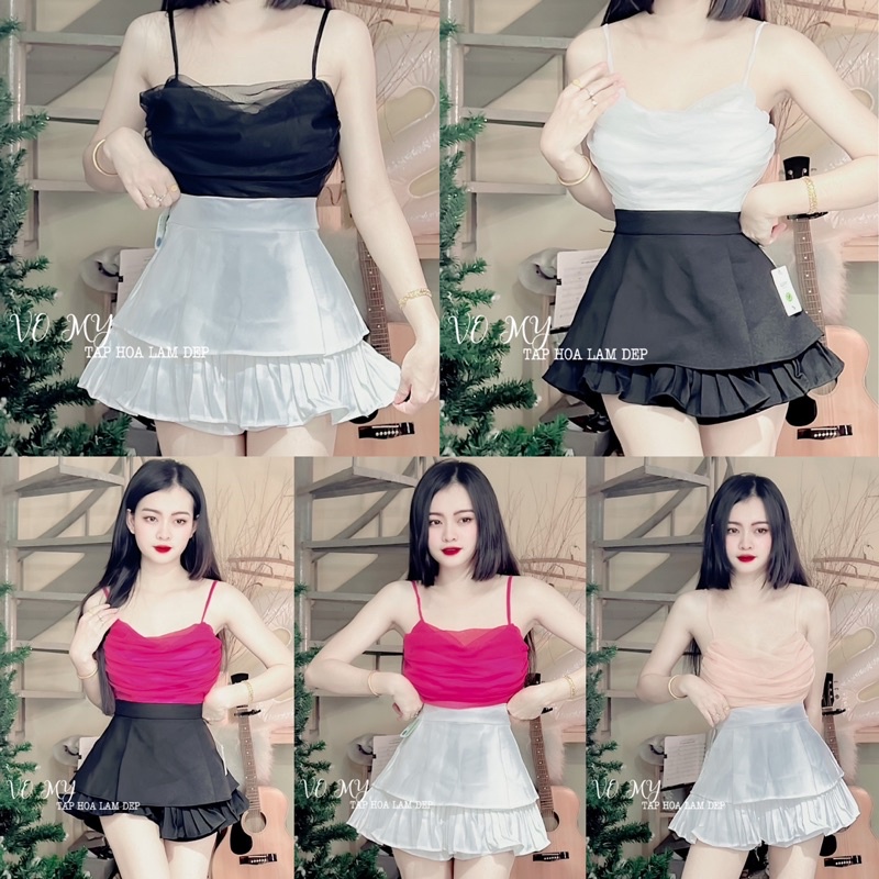 Set áo dây lưới phối chân váy tầng