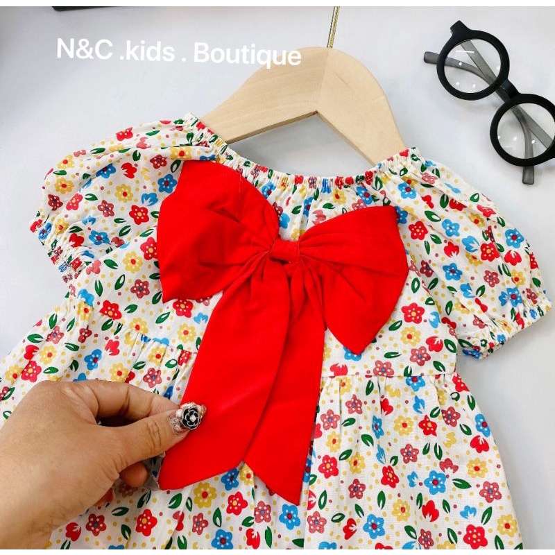 Váy hoa nhí bé gái nơ ngực tay bồng chất thô hàn đẹp mát