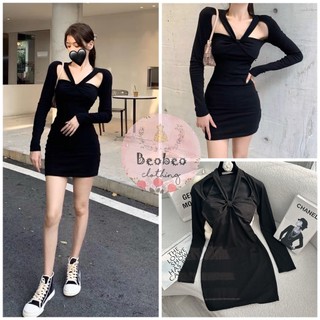 [Ảnh thật] Đầm body đen xoắn ngực cổ yếm tay dài ulzzang