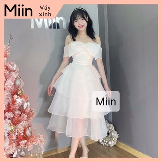Váy trễ vai nơ ngực 4 tầng
