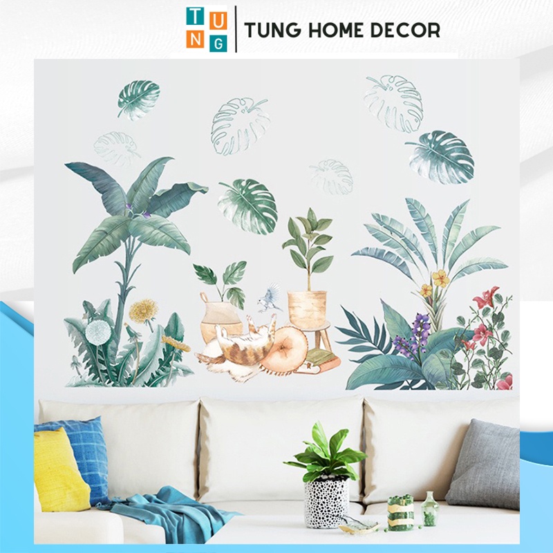 Decal dán tường hàn quốc trang trí phòng ngủ TUNG DECOR Cây nhiệt đới phong cách tropical xanh mát