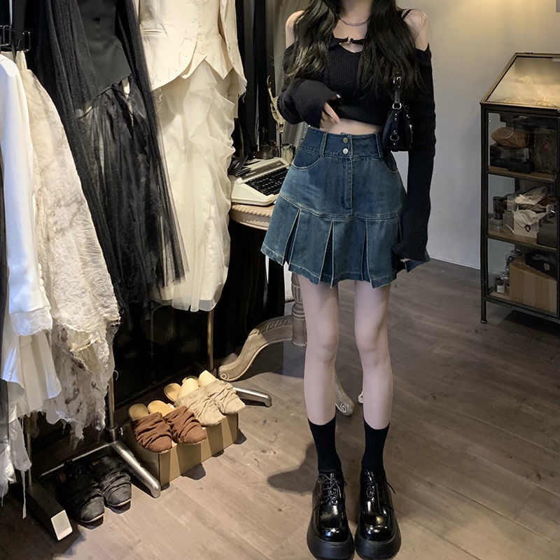 IMAODOU Chân váy denim  chữ A xếp ly lưng cao thời trang mùa hè cho nữ