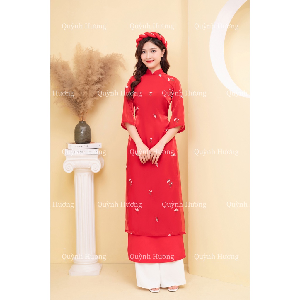 Áo dài voan tơ thêu hoa màu đỏ tay lỡ siêu xinh by Quỳnh Hương