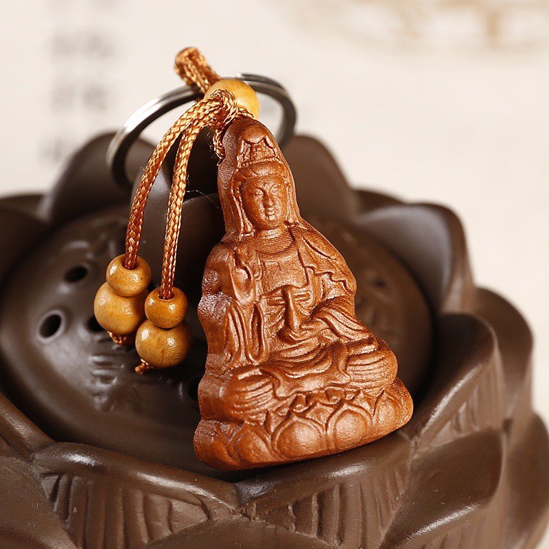Móc khóa gỗ hình quan âm bồ tát bình an dùng treo trong nhà, ô tô, xe máy, cặp sách