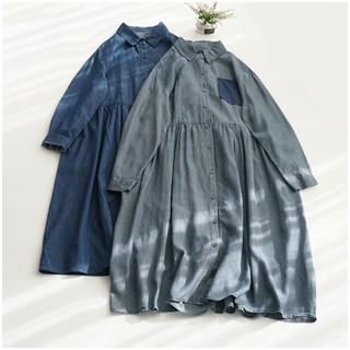 Đầm liền sơ mi denim KAMAKA dài tay cổ đức form rộng một túi - NU8243