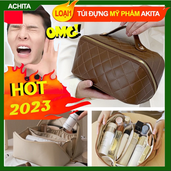 Túi đựng đồ trang điểm cao cấp AKITA T12 da Pu, túi đựng mỹ phẩm nhiều ngăn - Shop Achita