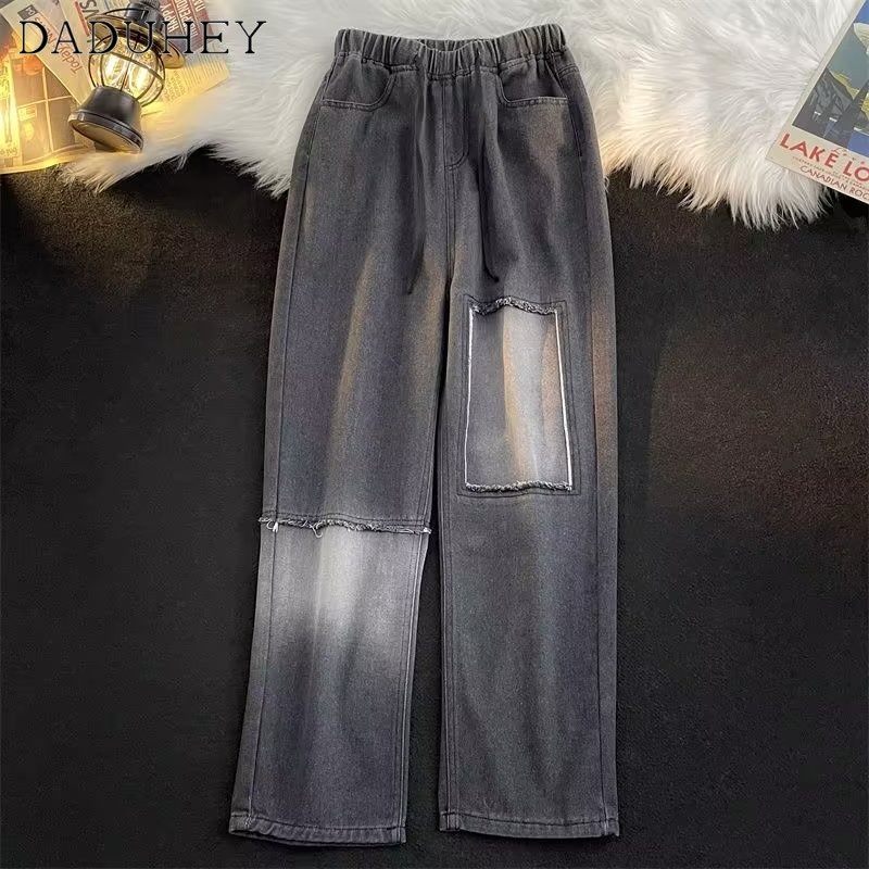 DaDuHey 2023 New Trendy Washed Frayed Hem Ripped Jeans Retro Ins Trendy Loose Wide Leg Pants