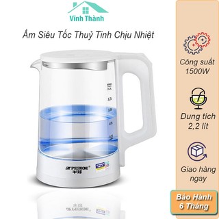 Ấm Siêu Tốc Thủy Tinh - Ấm Đun Nước Thủy Tinh Kalas Công Suất Lớn 1500W Dung Tích 2,2 Lít Đun Sôi Nhanh