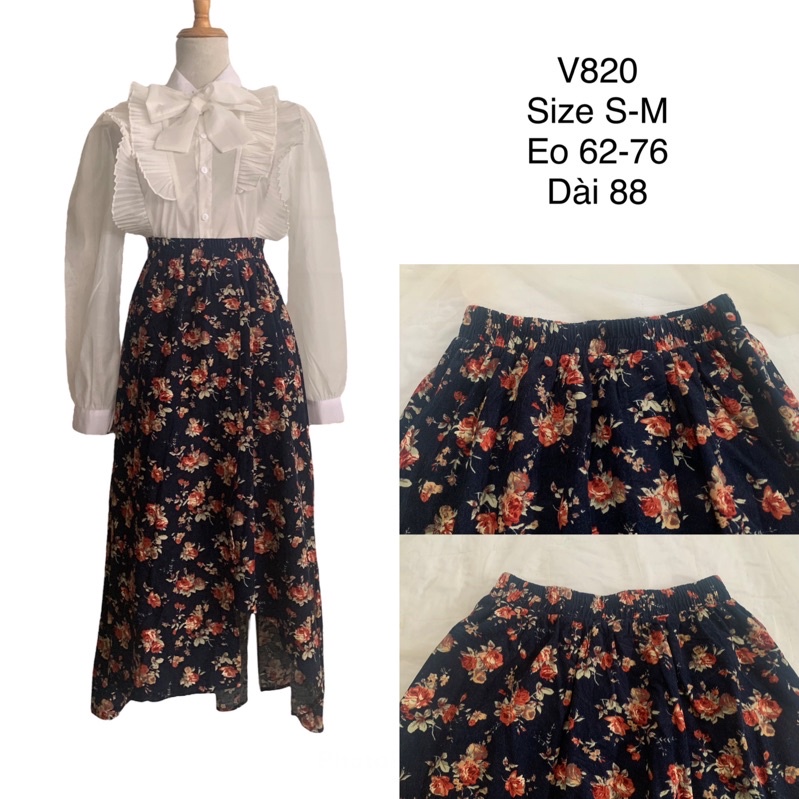 Chân váy xoè hoa hồng dễ thương V820 dáng dài cắt gấu cạp chun co giãn chất nhung tăm 2hand Nhật si tuyển ảnh thật