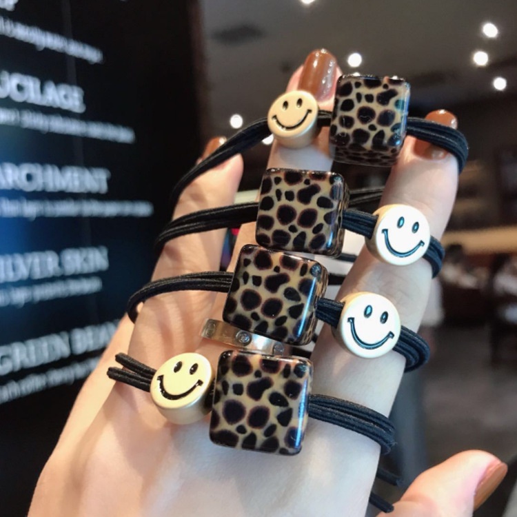 Dây Buộc Tóc Cao Su Họa Tiết Da Báo Mặt Cười Phong Cách Hàn Quốc