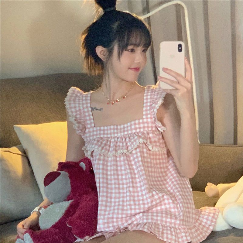 Jiashucheng Bộ Đồ Ngủ Áo Hai Dây Phối Quần Short Họa Tiết Caro Dễ Thương Thời Trang Mùa Hè Cho Bạn Gái