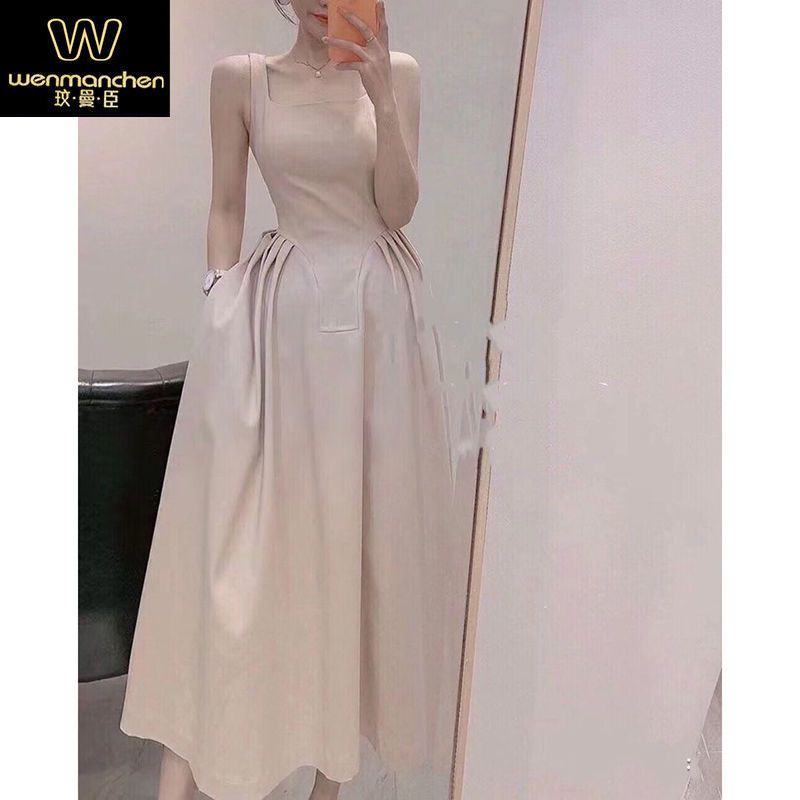 Váy Dài Qua Gối Không Tay Lưng Cao Màu Trơn Kiểu Mới @ -