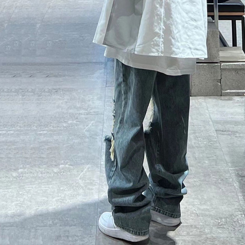 Quần jean dài XINLANYASHE lưng cao ống đứng phối rách phong cách Hàn Quốc thời trang 2023 cho nữ