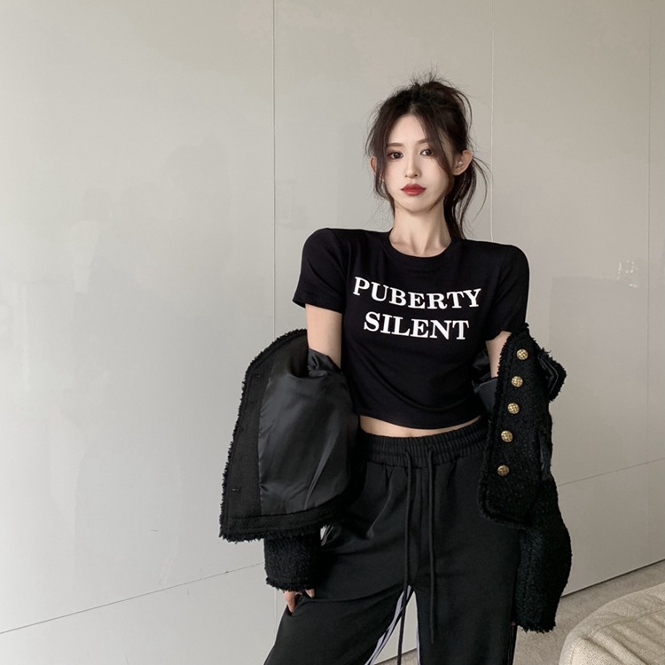 Áo Thun Lửng Ngắn Tay In Chữ Phong Cách Hàn Quốc Dành Cho Nữ