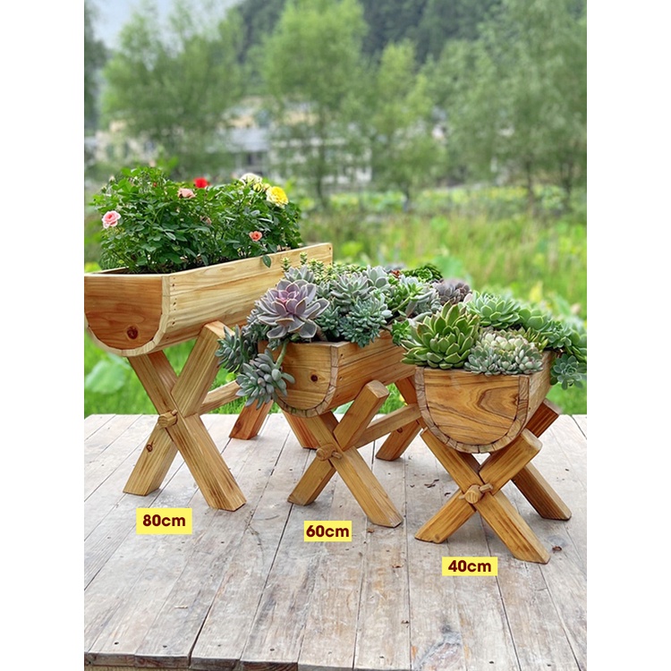 Chậu trồng cây ban công bằng gỗ tự nhiên rắn chắc, chậu trồng hoa trang trí ban công sân vườn có chân đỡ Keria T06