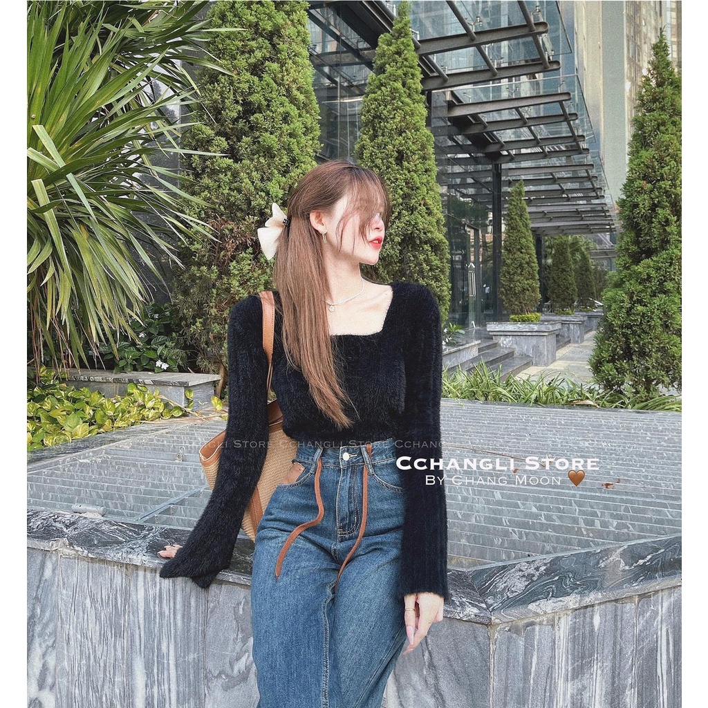 Áo len gân lông thỏ mượt nữ tay dài xòe cổ vuông dáng ôm hàng Quảng Châu đẹp dày dặn co giãn tốt mềm mịn 15356 5