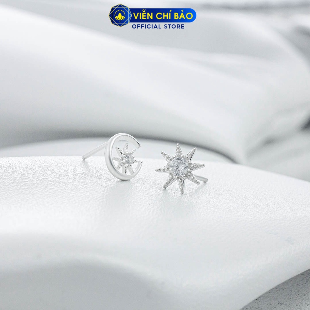 Khuyên tai bạc nữ trăng sao đối xứng chất liệu bạc 925 thời trang phụ kiện trang sức Viễn Chí Bảo E017