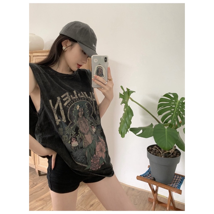 Áo Thun Đen Sát Nách Dáng Rộng Phong Cách vintage Mỹ Cá Tính Cho Nữ