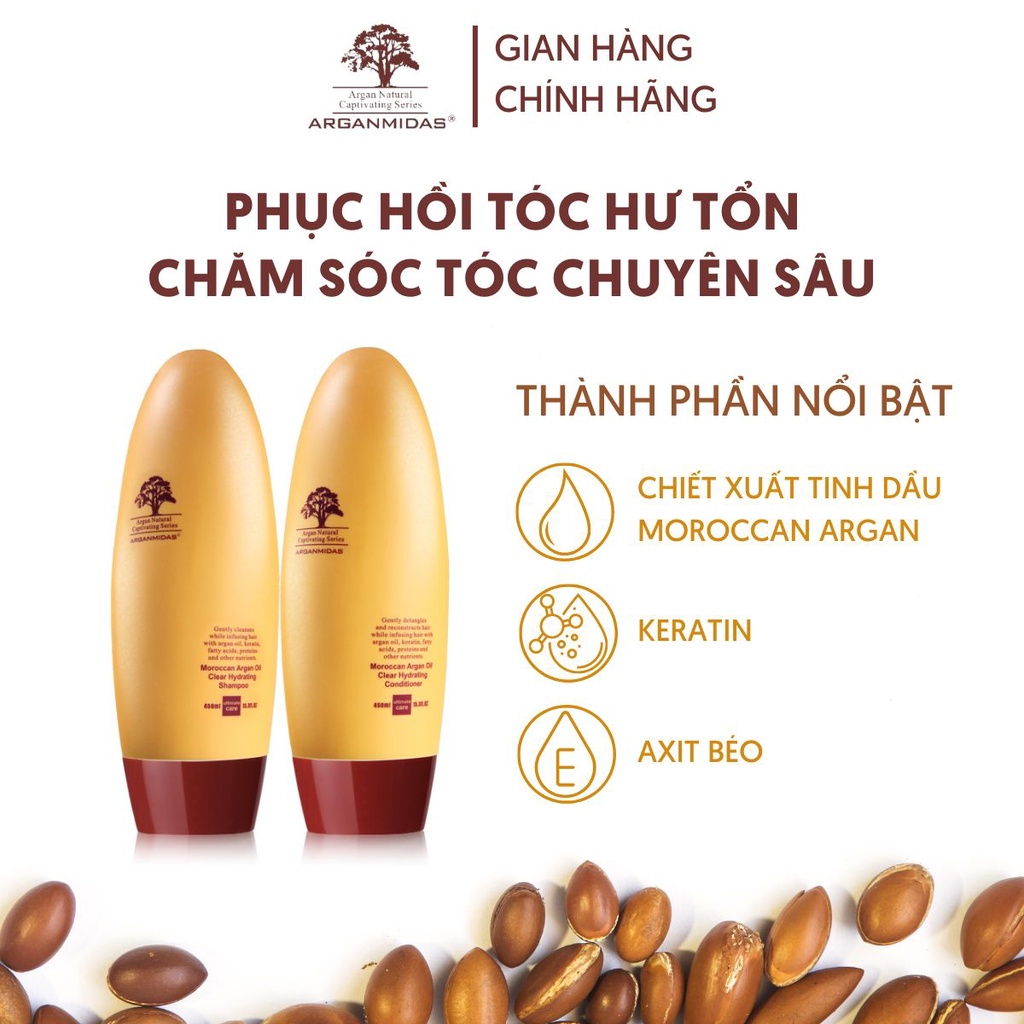 Cặp Dầu Gội Xả Arganmidas tinh dầu Moroccan Argan phục hồi tóc hư tổn và kích thích mọc tóc cho mái tóc suôn mượt 450ml