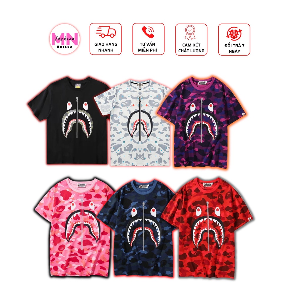 Áo Thun Bape Cá Mập Có Khoá Ngực- Áo Phông Cotton dáng rộng nam nữ siêu mát mẻ