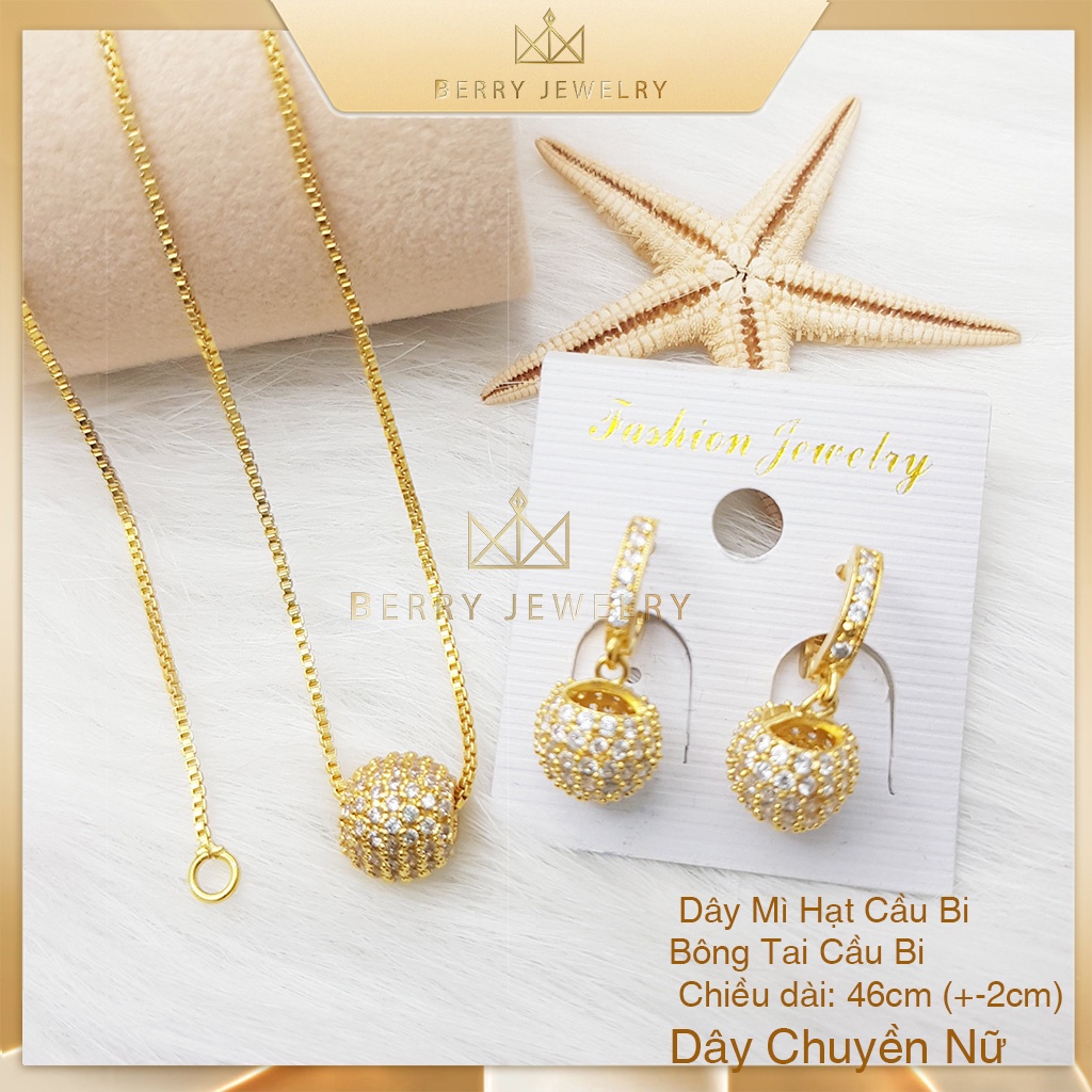 Set Dây Chuyền Mặt Cầu Bi Và Bông Tai Nữ Hình Cầu Tròn Charm Đính Đá Dây Mì Hạt Đẹp B21M25T40BC