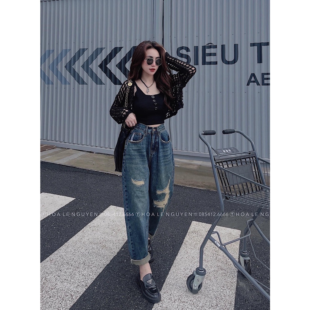 Quần jean baggy nữ ulzzang lưng cao cắt lai tua kèm rách gối cá tính SM53