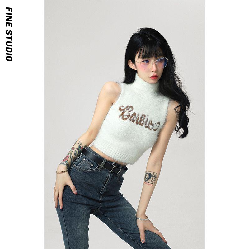 Fine Studio Áo Sweater Dệt Kim Lông Chồn Hai Dây Cổ Cao Phong Cách Retro Thu Đông Mới Cho Nữ