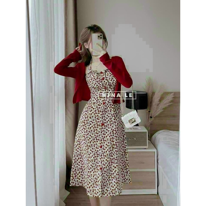 Đầm váy dáng dài hai dây họa tiết cherry kèm áo khoác thun mỏng siêu xinh