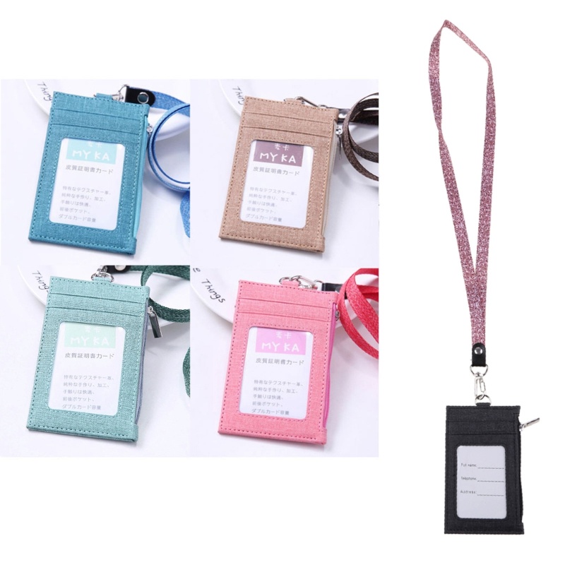 Ví Đựng Thẻ ID / ID Bằng Da Nhân Tạo Màu Kẹo Có Dây Đeo Cổ Nhiều Ngăn