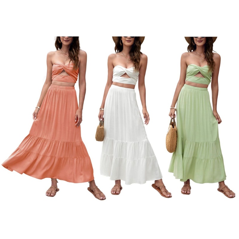 Set Đầm Maxi 2 Món Phối Bèo Nhún Thời Trang Mùa Hè Xinh Xắn Cho Nữ