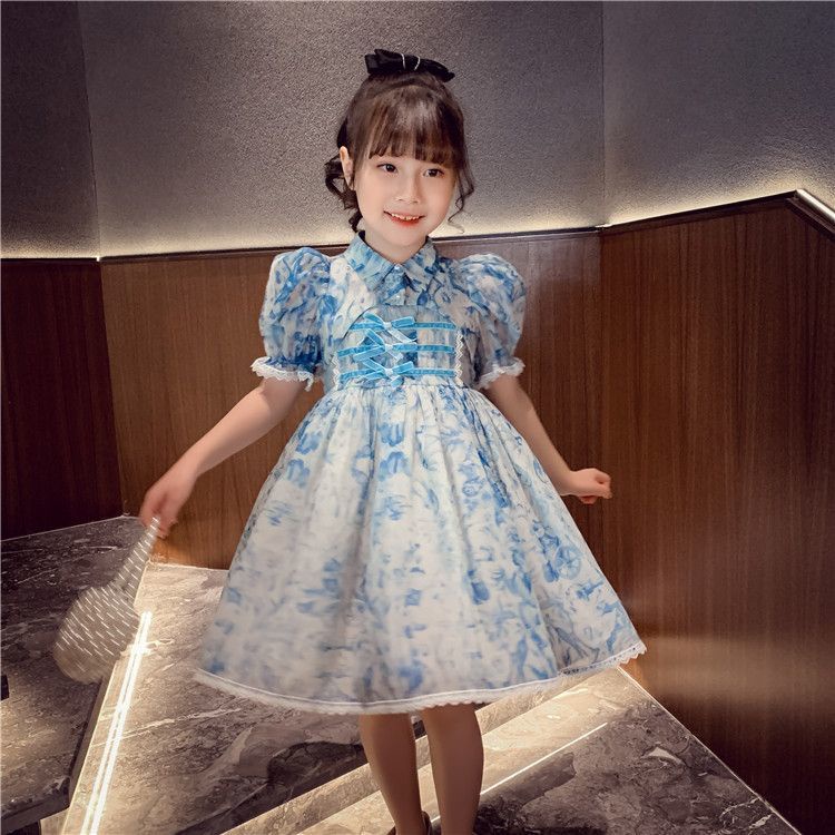 Đầm Sườn Xám Vải Voan Tay Phồng In Hoa Kiểu Trung Hoa Thời Trang Mùa Hè Cho Bé Gái