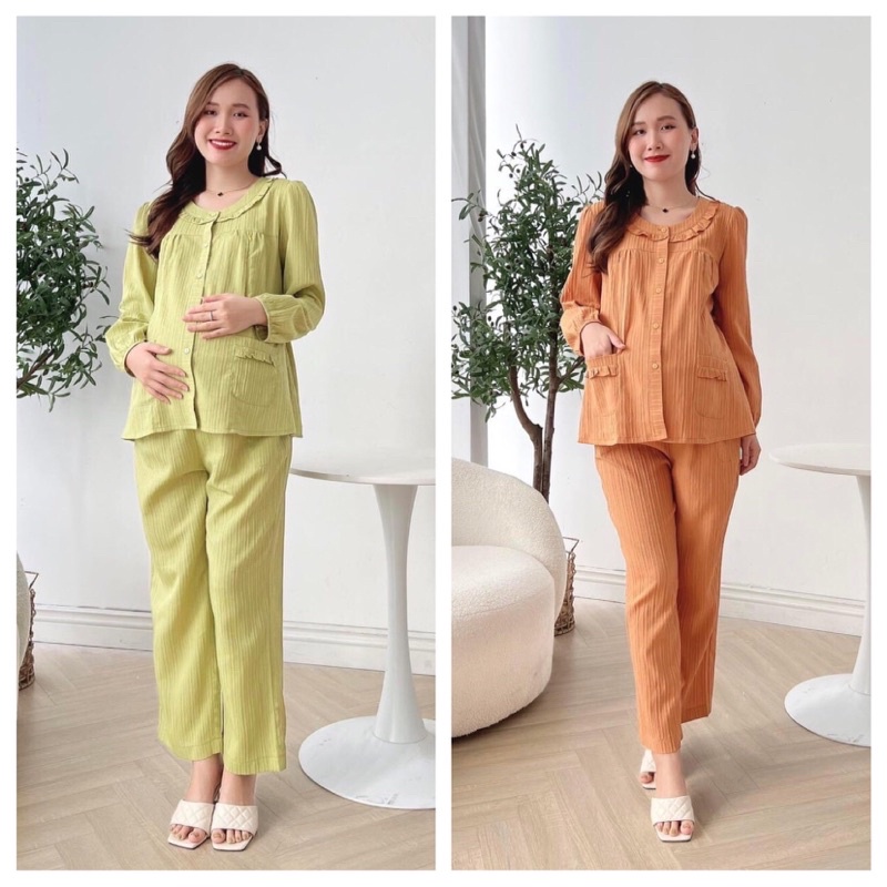 Bộ bầu sau sinh 2 màu xanh và cam, bộ có khoá ngực tiện lợi cho co ti-chất đũi gân xinh xắn