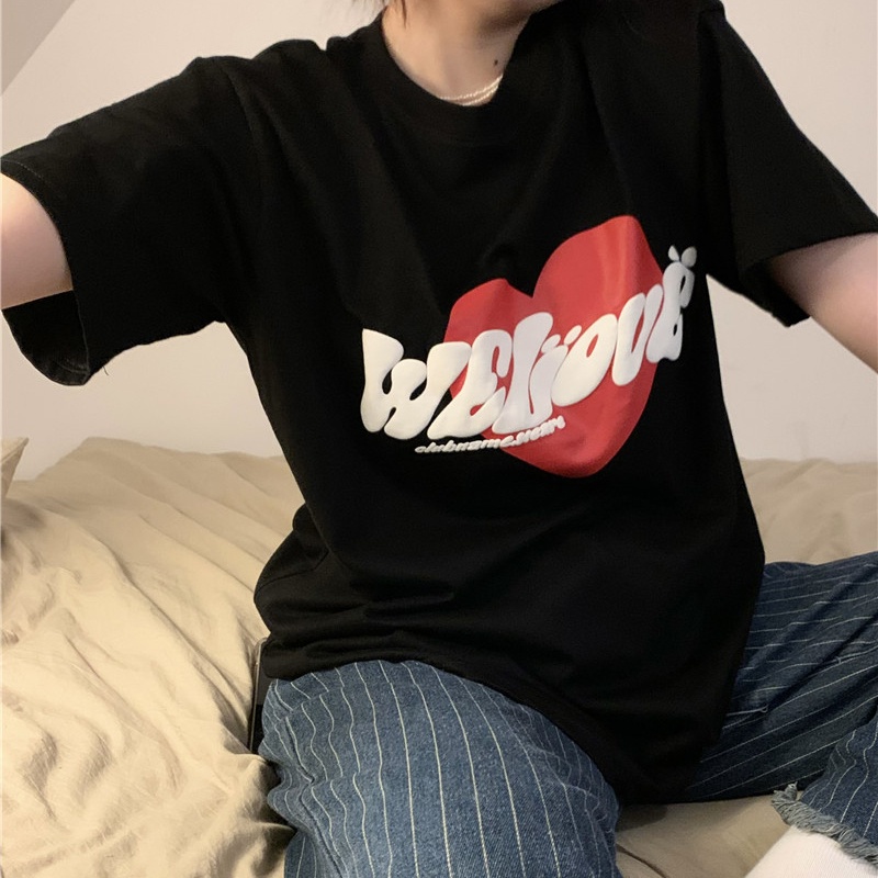 IELGY   Áo Thun Nữ Ngắn Tay In Hình Trái Tim