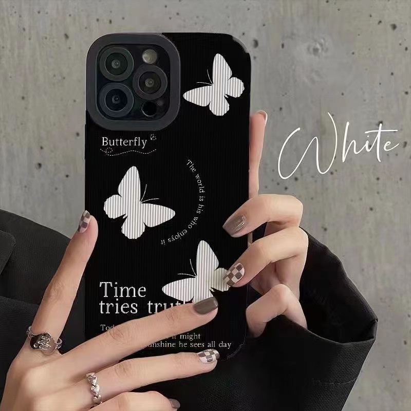 【Da Hổi】 Vỏ mềm bằng da IP IPhone 6s 7 8 14 Plus 7+ 8+ X XR SE 2020 XS Max 11 12 13 14 Pro mAX MiniVỏ điện thoại tối đa Vỏ điện thoại màu đen và trắng Bướm
