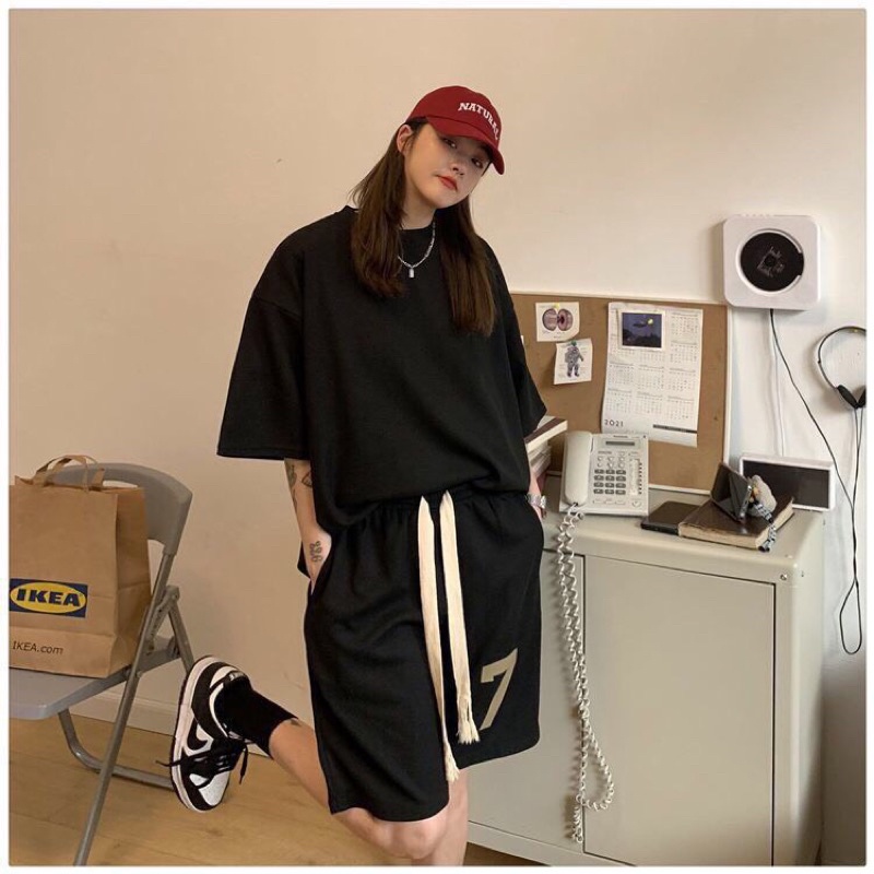 Bộ thun cộc tay thể thao nam nữ SỐ 7 form rộng unisex chất vải tổ ong dày mịn, Set đồ đôi nam nữ ulzzang, freeship, sale