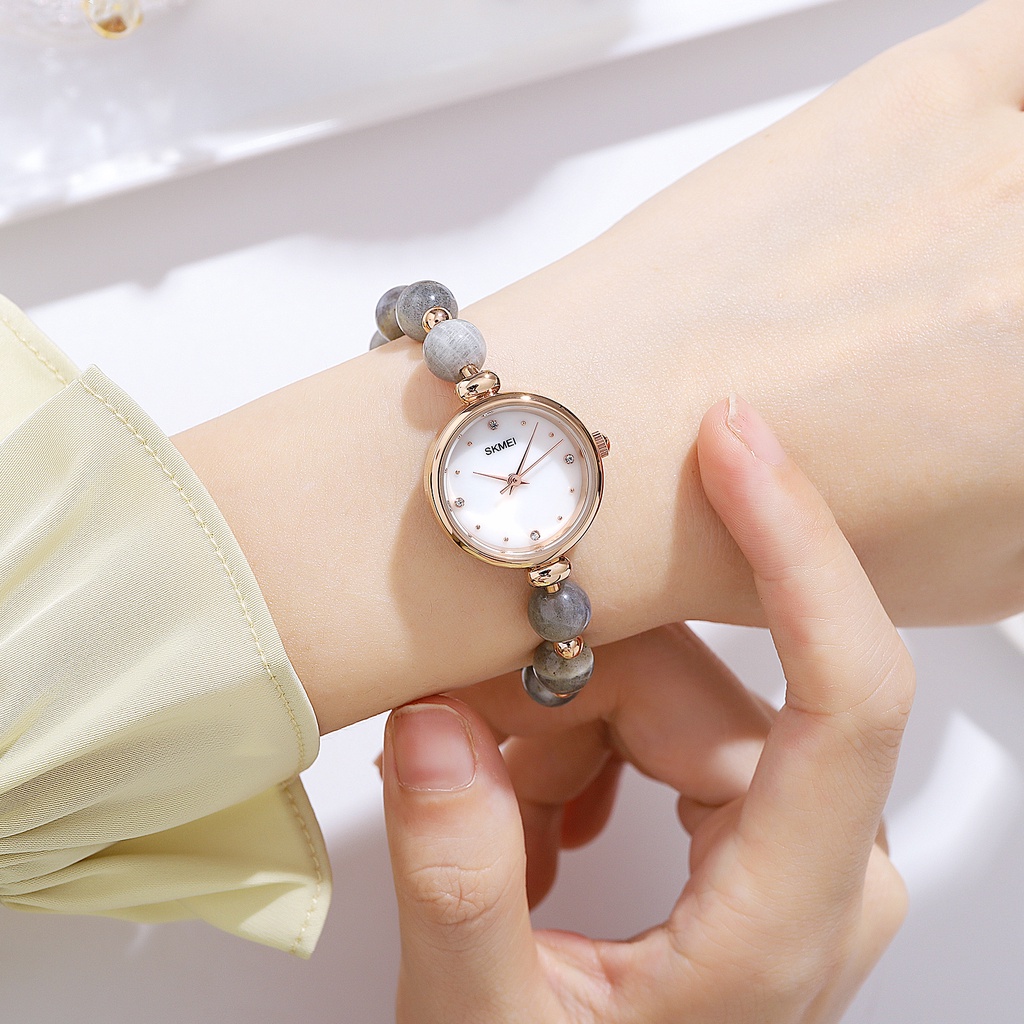 Đồng hồ đeo tay SKMEI máy thạch anh dây thép không gỉ đính hạt ngọc trai nhân tạo cao cấp thời trang