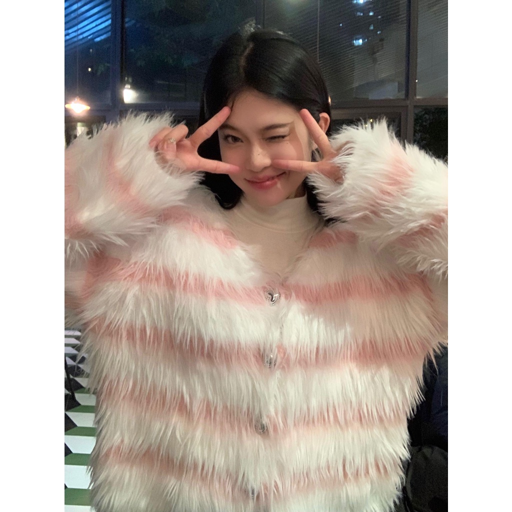 Áo Khoác Cardigan Dệt Kim Giả Lông Chồn Cổ Chữ v Thời Trang Mùa Đông Cho Nữ