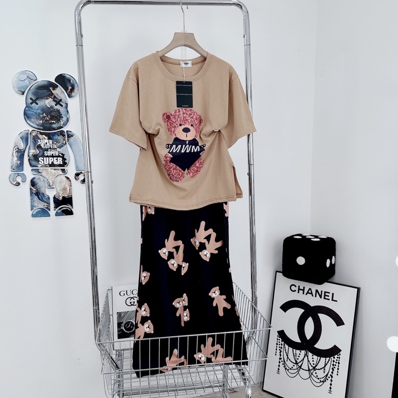 Set áo phông nâu mix quần suông gấu nâu siêu xinh Áo cotton khô QC l1 dày đẹp, hình ép 5D nét căng, xẻ gấu chuẩn mẫu