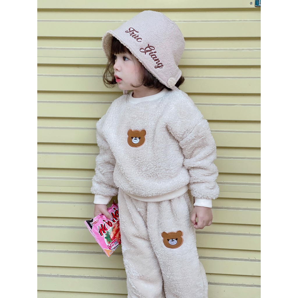 Bộ lông hình gấu cho bé gái, bộ quần áo dài tay cho bé