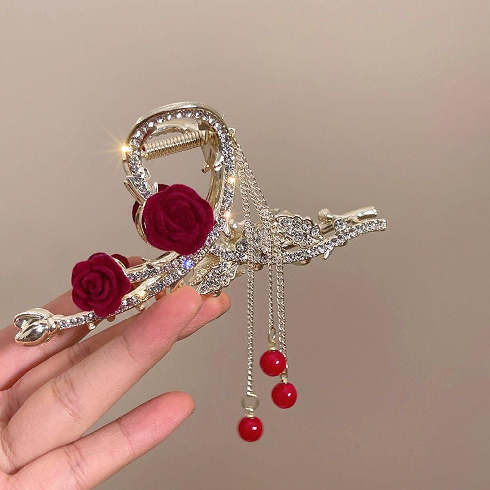 Kẹp Tóc Đuôi Ngựa Hình Hoa Hồng Đính Hạt Và Tua Rua Thanh Lịch Sáng Tạo|Kẹp Cá Mập Dễ Thương