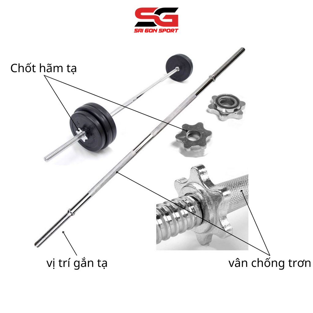 Đòn tạ 1m5 thép đặc phi 28 có ốc gen soắn hai đầu hãm tạ , tay nắm tạo nhám chống trơn mạ crom sáng - SÀI GÒN SPORT