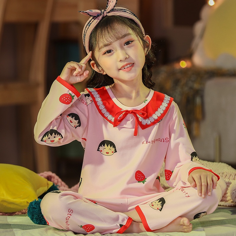 Bộ đồ ngủ tay dài cổ búp bê chất liệu polyester in họa tiết phong cách Nhật Bản cho bé gái