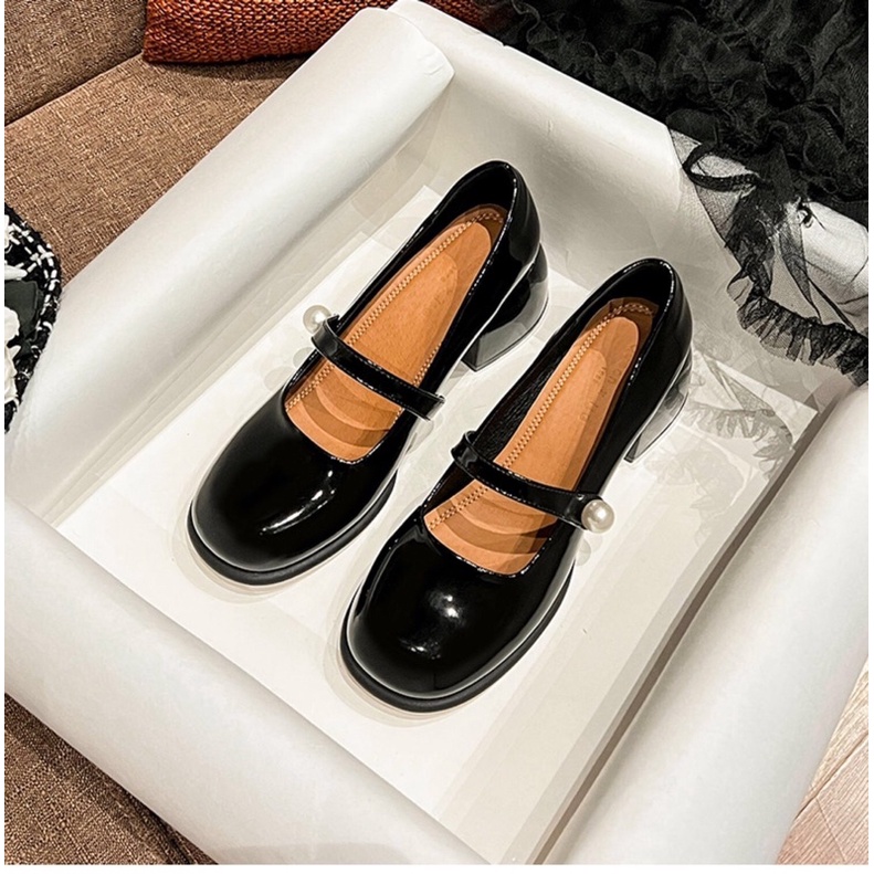 Giày Mary Jane phong cách Lolita 5 phân da bóng đủ size 34-39 - Giày cao gót nữ đế vuông 5cm
