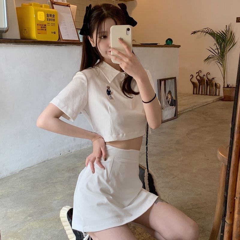 Set Áo Thun polo Ngắn Tay + Chân Váy Chữ a Lưng Cao Xẻ Tà Phong Cách Preppy Ngọt Ngào Thời Trang Mùa Hè