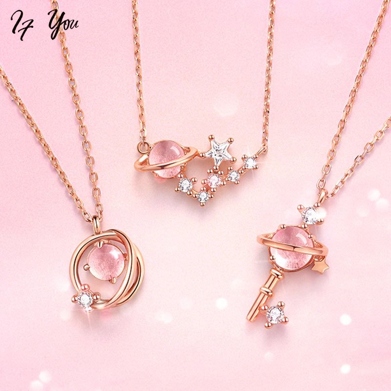 Vòng cổ Choker AY mặt hình hành tinh chìa khóa đính đá zircon màu hồng thanh lịch cho nữ