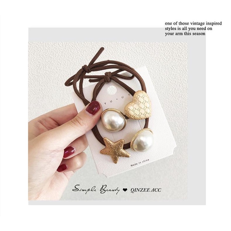 Dây Cột Tóc Co Giãn Đính Ngọc Trai Hình Trái Tim Phong Cách Retro Đơn Giản Cho Nữ